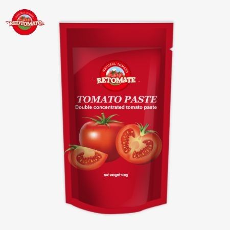 OEM 100g stand-up sachet zawiera podwójnie skoncentrowaną pastę pomidorową o czystości od 30% do 100%