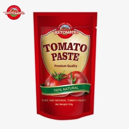 OEM 100g stand-up sachet zawiera podwójnie skoncentrowaną pastę pomidorową o czystości od 30% do 100%