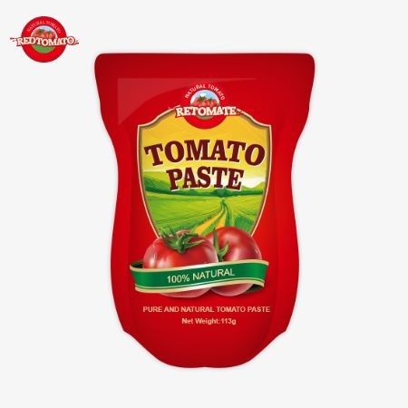 Fabryka pasty pomidorowej produkuje 113g torbek stand-up zgodnie z normami produkcji ISO HACCP BRC i FDA