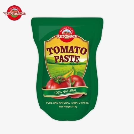 Fabryka pasty pomidorowej produkuje 113g torbek stand-up zgodnie z normami produkcji ISO HACCP BRC i FDA