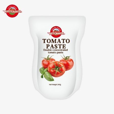 Ten stand-up sachet zawiera 250 g słodkiej i smacznej pasty pomidorowej o czystości od 30% do 100%