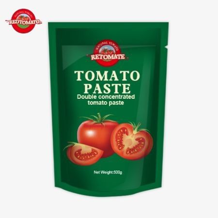 500 g stand-up sachet z pasty pomidorowej oferuje wygodne opakowanie bogaty smak i czystość w zakresie od 30% do 100%